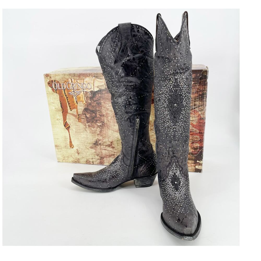 Old Gringo Women's 7 Celina Gray Crystal Studded Knee High Western Cowgirl Boots